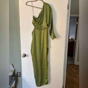 Astr The Label One-Shoulder Satin Dress in Olive with Slit and Cutout